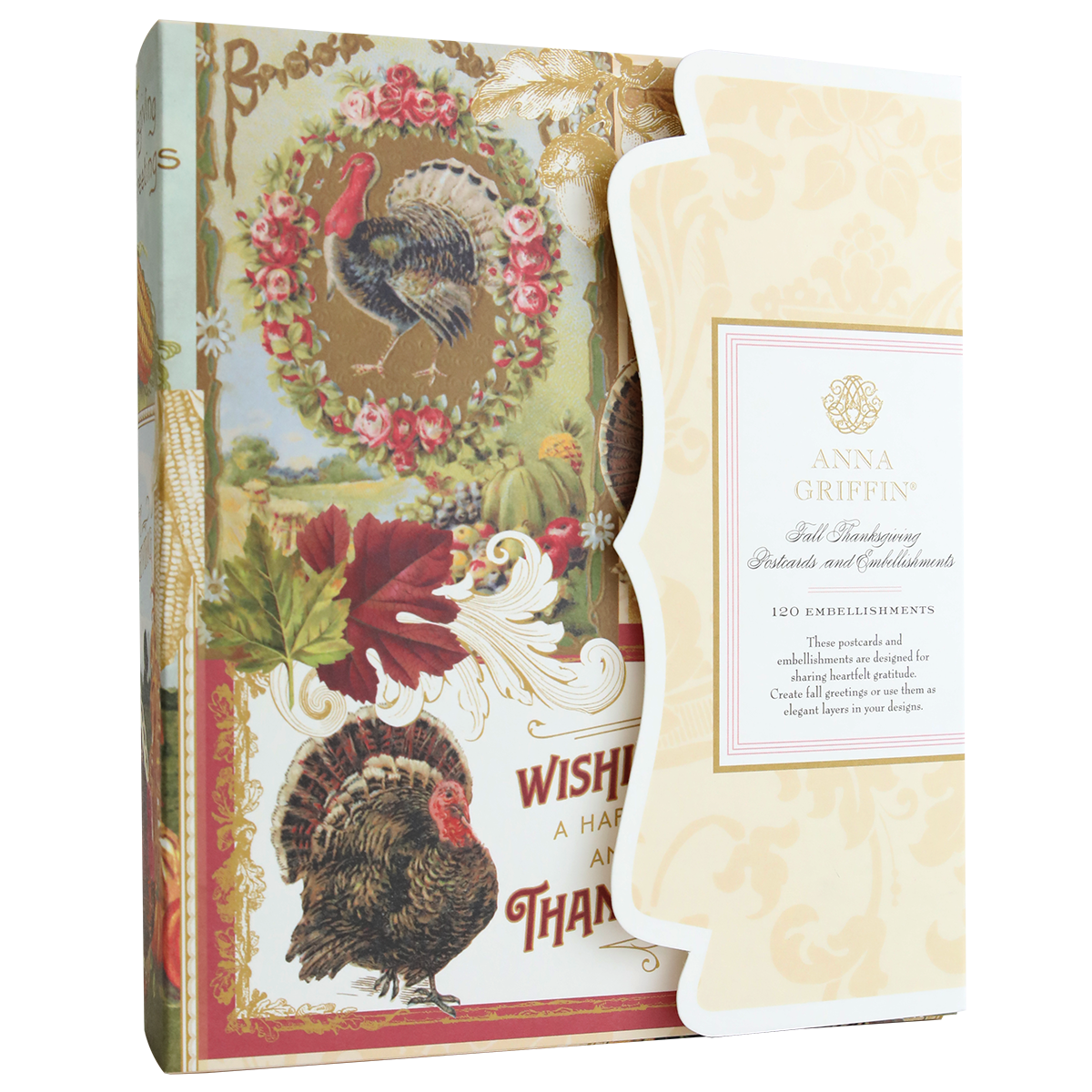 A box labeled “Fall Thanksgiving Postcards and Embellishments,” featuring vintage-style Thanksgiving postcards and fall-themed decorations, embellished with ornate designs and floral details—ideal for autumn paper crafting projects.
