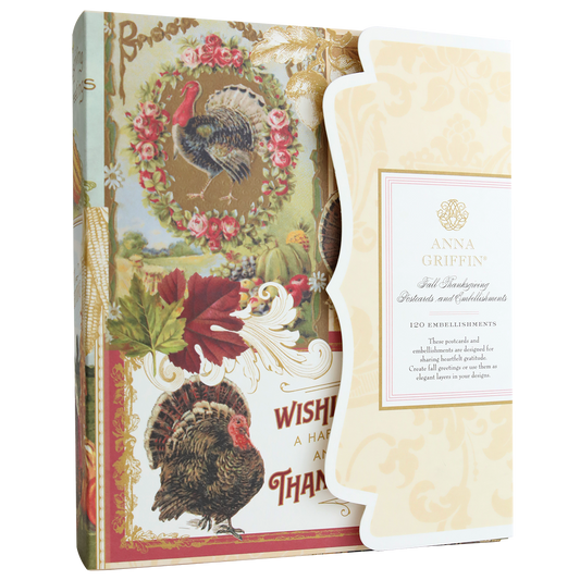 A box labeled “Fall Thanksgiving Postcards and Embellishments,” featuring vintage-style Thanksgiving postcards and fall-themed decorations, embellished with ornate designs and floral details—ideal for autumn paper crafting projects.
