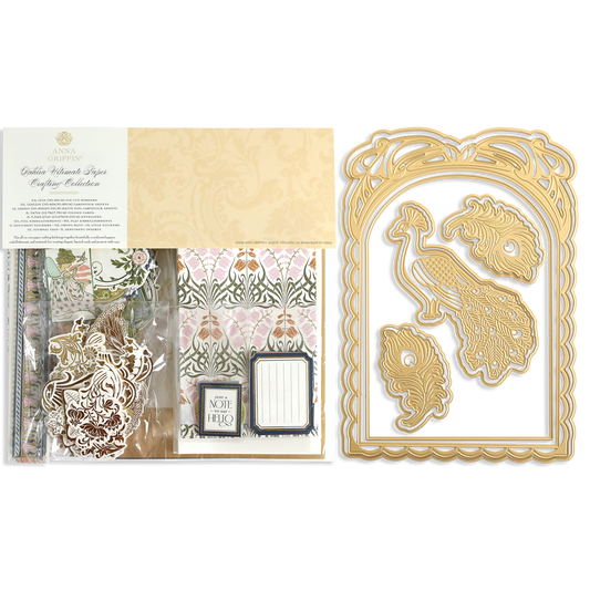Discover the Dahlia Ultimate Papercrafting Collection with Peacock Scene Dies—an all-in-one kit featuring gold peacock die cuts, decorative papers, coordinating embellishments, and greeting tags arranged neatly on a white background. Perfect for crafting elegant projects with the included 3D die set and essential papercrafting supplies.