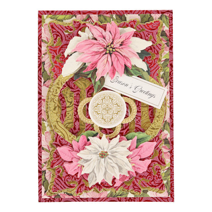 Holiday Glitter Foil Pattern 12x12 Cardstock featuring pink and white poinsettias, gold decorative accents, and a small white card with “Season’s Greetings” on a red patterned backdrop—ideal for enhancing your Christmas paper crafts or creating festive projects with your favorite holiday materials.