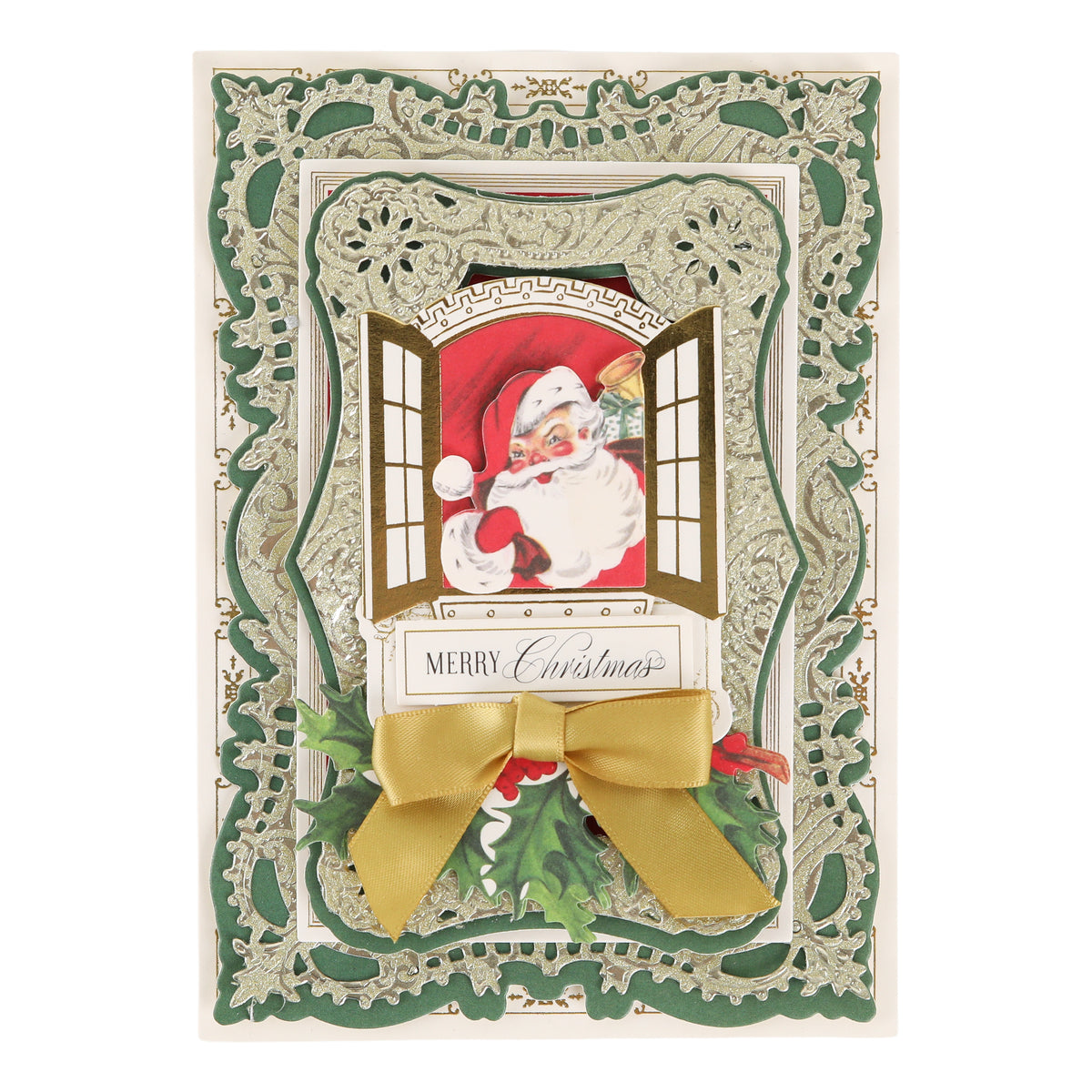 Create festive Christmas paper crafts with the Holiday Glitter Foil Pattern 12x12 Cardstock, richly designed with a layered green and gold background, cutout window featuring Santa Claus, elegant gold bow, holly leaves, and “Merry Christmas” script—a perfect ornate touch for your holiday projects.