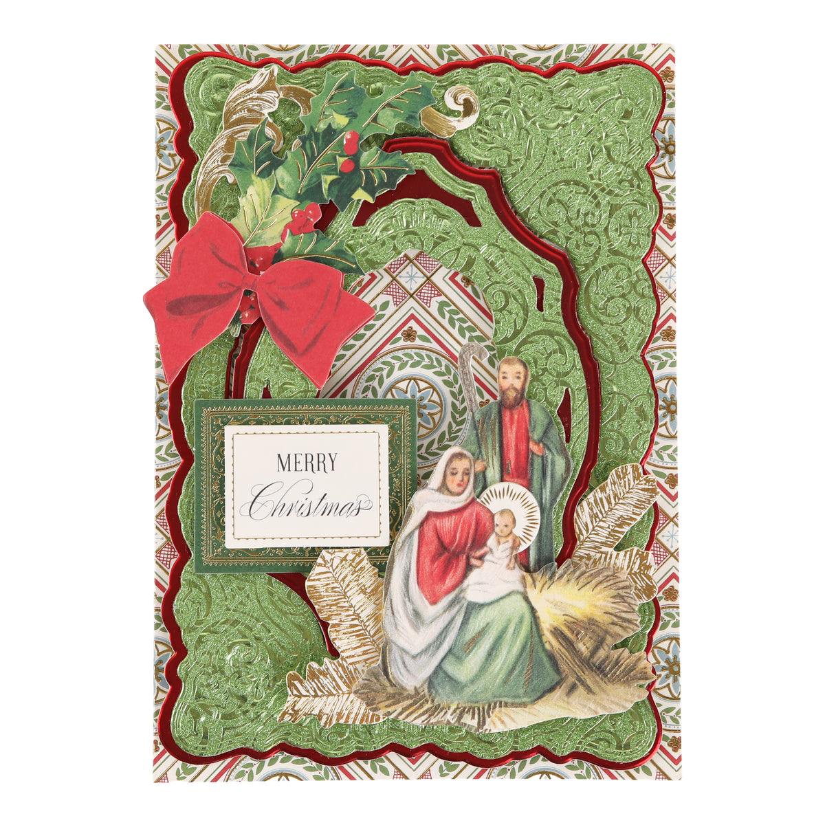Holiday Glitter Foil Pattern 12x12 Cardstock features an ornate green and red design with holly, ribbon, “Merry Christmas” text, and an illustration of Mary, Joseph, and baby Jesus in a manger—perfect for showcasing your love of Christmas paper crafts or sending warm wishes on beautiful holiday cardstock.