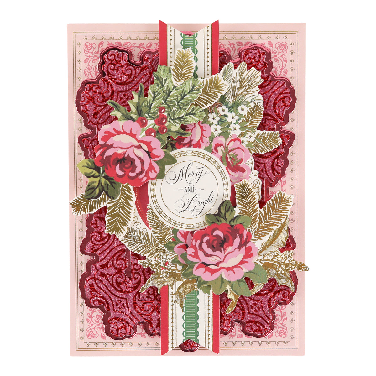 Add festive sparkle to your Christmas paper crafts with the Holiday Glitter Foil Pattern 12x12 Cardstock, featuring ornate red and pink floral designs, gold accents, and a “Merry and Bright” message at the center—crafted on glitter cardstock for an extra special touch.