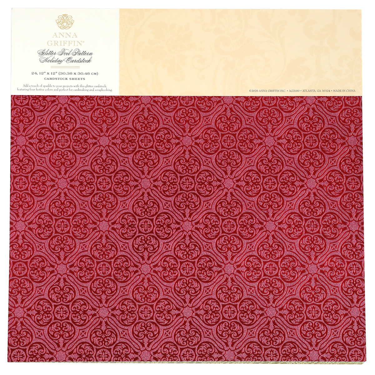 A sheet of “Holiday Glitter Foil Pattern 12x12 Cardstock” featuring a red, ornate repeating floral design—ideal for holiday cardstock projects or adding a festive touch to your Christmas paper crafts.