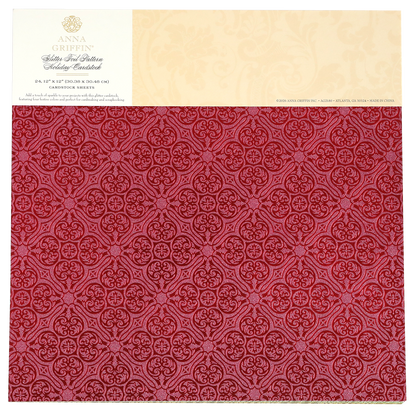 A sheet of “Holiday Glitter Foil Pattern 12x12 Cardstock” featuring a red, ornate repeating floral design—ideal for holiday cardstock projects or adding a festive touch to your Christmas paper crafts.