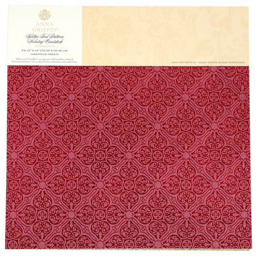A sheet of “Holiday Glitter Foil Pattern 12x12 Cardstock” featuring a red, ornate repeating floral design—ideal for holiday cardstock projects or adding a festive touch to your Christmas paper crafts.