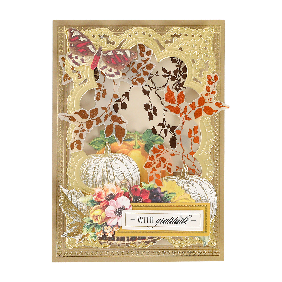 Greeting card crafted with the Flourish and Vine Gilded Hot Foil Plates, featuring an embossed gold frame, pumpkin and floral arrangement, butterfly, autumn leaves, and a “With gratitude” label. Ideal for paper crafting enthusiasts and compatible with the Anna Griffin Empress Gild.