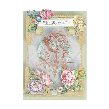 The Rose and Pineapple Gilded Hot Foil Plates feature an ornate floral design with roses, a bird, and the sentiment “Wishing you well” at the top. Perfect for papercrafting projects and handmade cards, this elegant set includes gold accents created with hot foil plates and a decorative border.