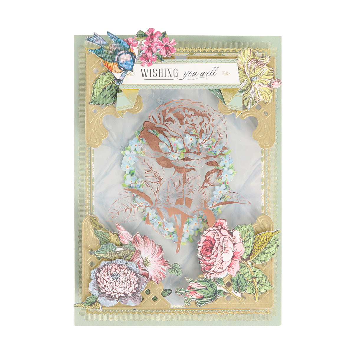 Rose and Pineapple Gilded Hot Foil Plates with Perfect Palette Pastel Hot Foil features floral patterns, an embossed gold frame, and the text “Wishing you well” at the top, showcasing illustrated flowers and birds on a pastel background enhanced with elegant pastel hot foil details—an ideal choice for lovers of gilded crafts.