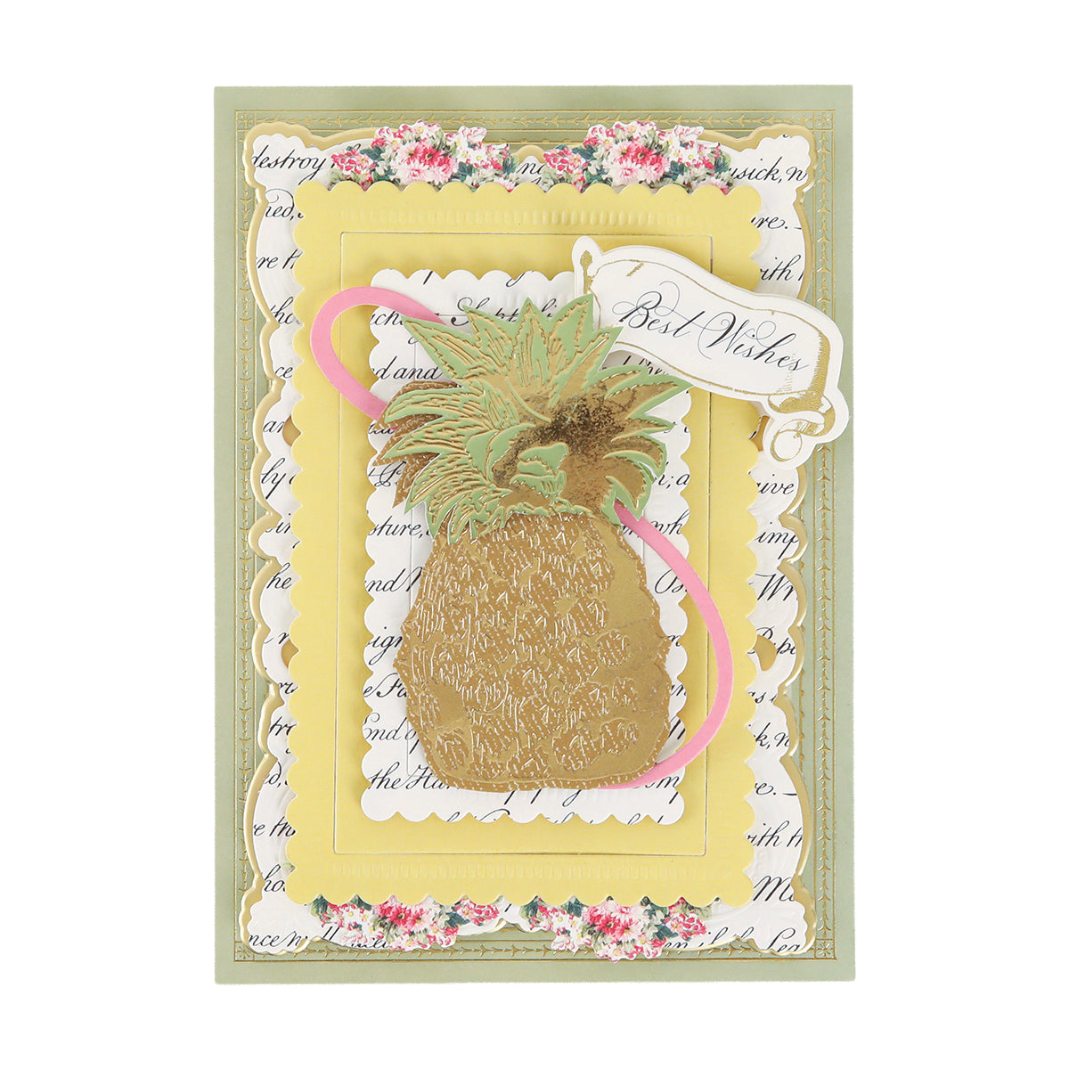 Handcrafted card created with the Rose and Pineapple Gilded Hot Foil Plates, featuring a gold pineapple embellishment, layered yellow and white scalloped papers, floral accents, and a “Best Wishes” tag on the right—a charming choice for unique papercrafting projects.