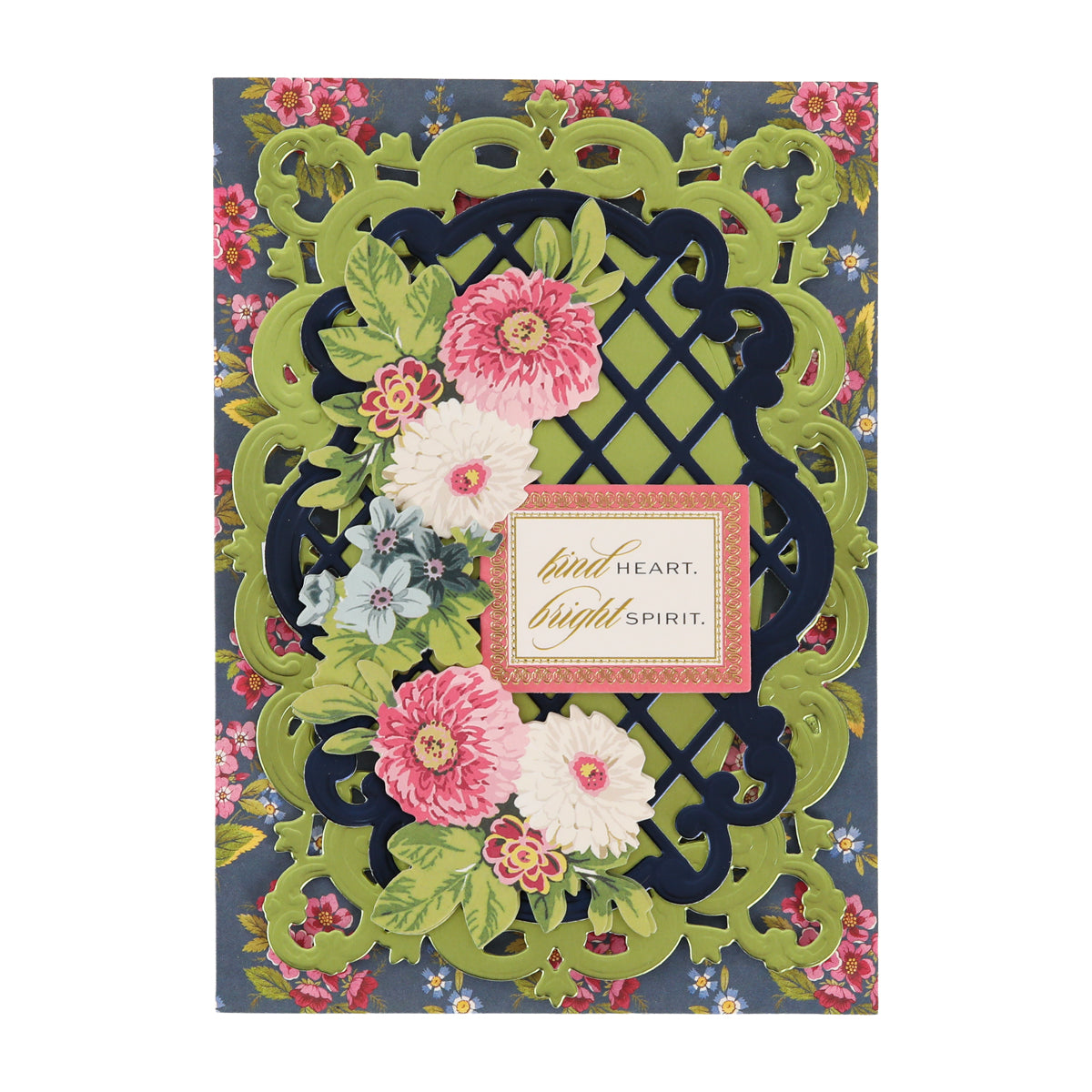 Ornate greeting card with layered green and black cutouts, pink and white flowers, and a central message reading “kind heart, bright spirit” on a floral background, elegantly accented with Cottage Roses Embellishments for added dimension.