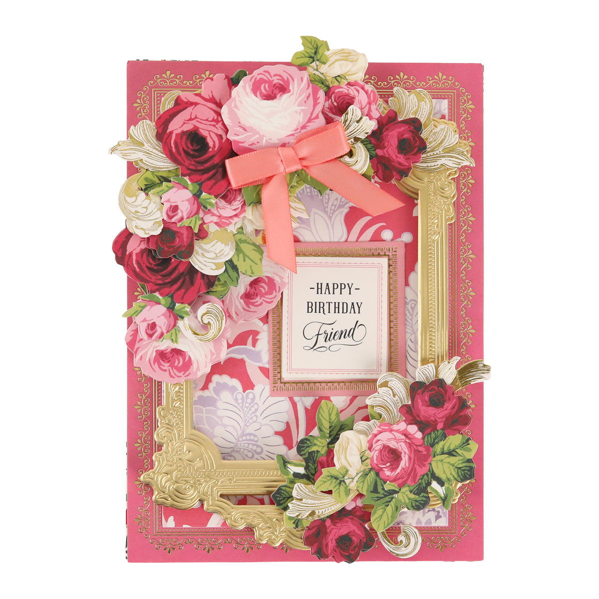Introducing our pink birthday card, adorned with ornate gold frames and vibrant red and white roses from our Cottage Roses Embellishments collection. A coral ribbon accents the design, while elegant script at the center reads “Happy Birthday Friend.” Delicate Cottage Roses Embellishments add dimension and charm to this beautifully crafted card.