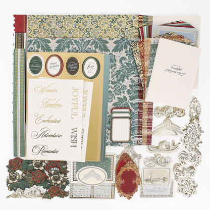 The Venetian Ultimate Paper Crafting Collection includes patterned papers, ornate stickers, cardstock, greeting cards, die-cuts, and labels—all arranged on a white surface.