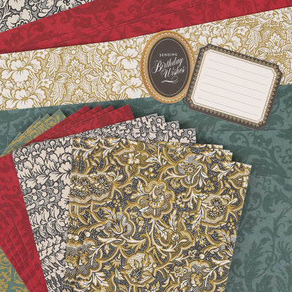 Patterned cardstock from the Venetian Ultimate Paper Crafting Collection is paired with a “Sending Birthday Wishes” tag and decorative embellishments.
