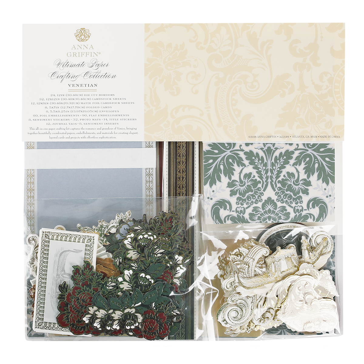 Venetian Ultimate Paper Crafting Collection includes decorative patterned cardstock and assorted floral and ornate die-cut embellishments, all in a clear plastic case.