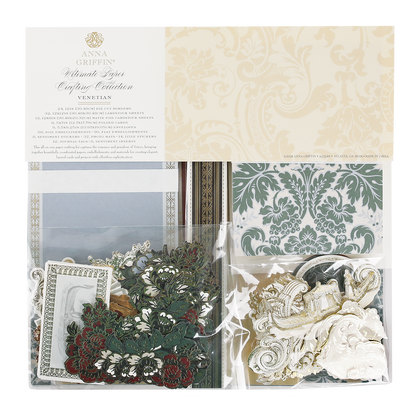Venetian Ultimate Paper Crafting Collection includes decorative patterned cardstock and assorted floral and ornate die-cut embellishments, all in a clear plastic case.