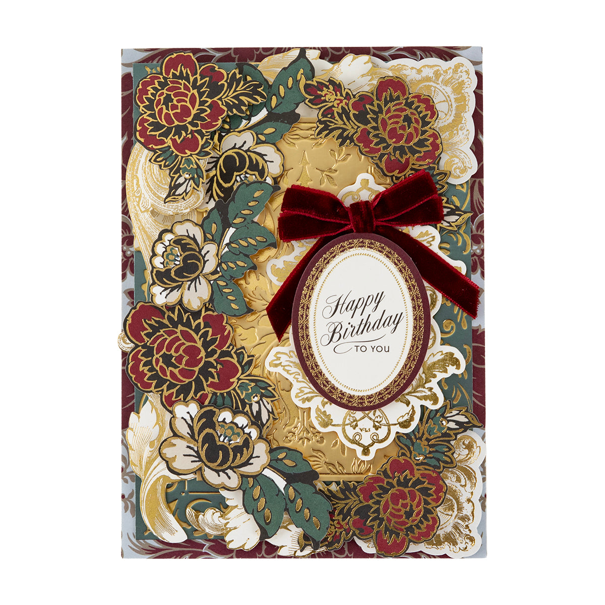 A decorative birthday card from the Venetian Ultimate Paper Crafting Collection with gold, red, and green floral designs, a red velvet bow, and cardstock embellishments.