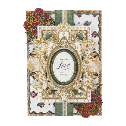 Elegant greeting card with gold and floral designs, made from Venetian Ultimate Paper Crafting Collection cardstock, with an embossed frame around “Sending Love & Best Wishes.”.