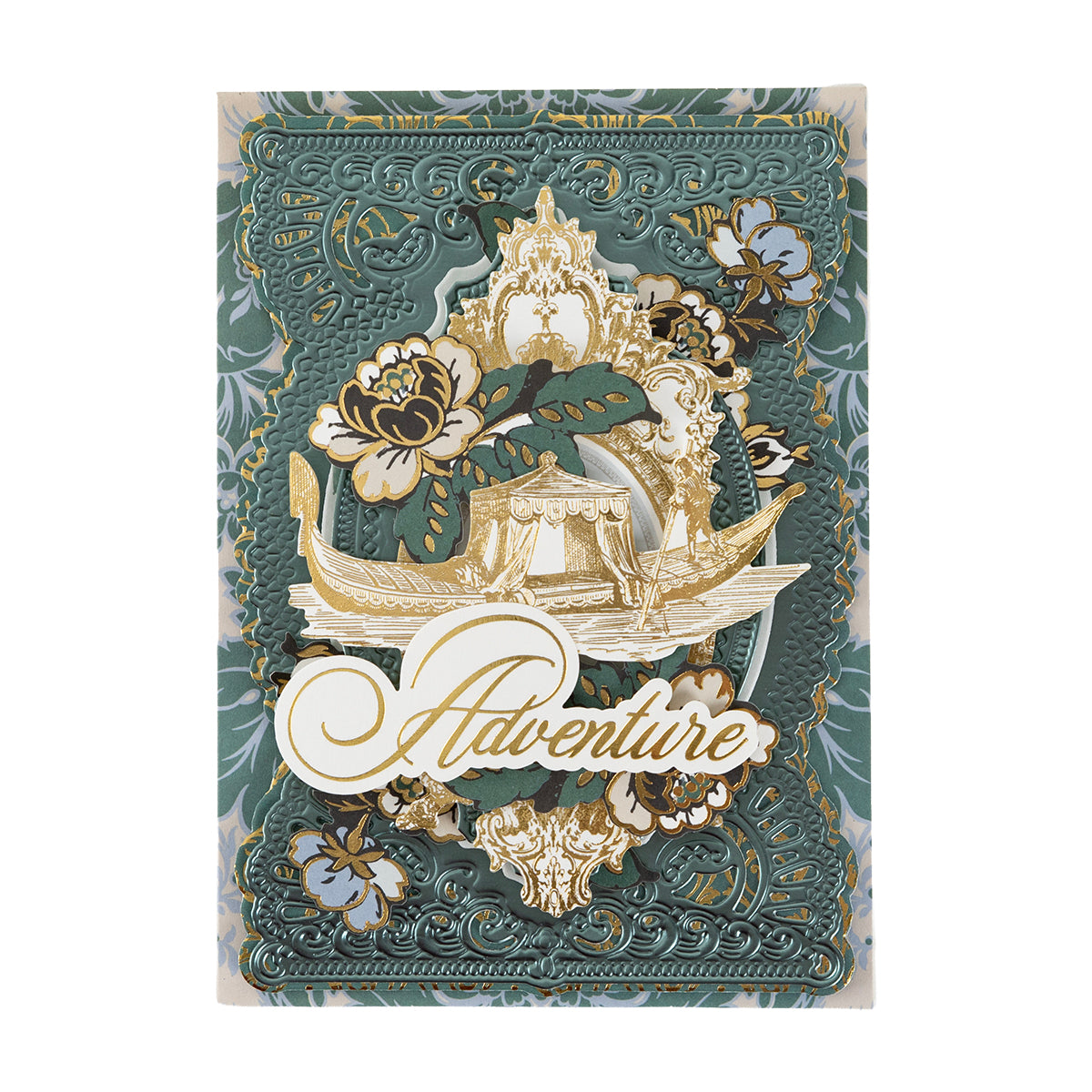 A decorative card from the Venetian Ultimate Paper Crafting Collection, with gold, florals, an ornate gondola, and “Adventure” in elegant script at the center.
