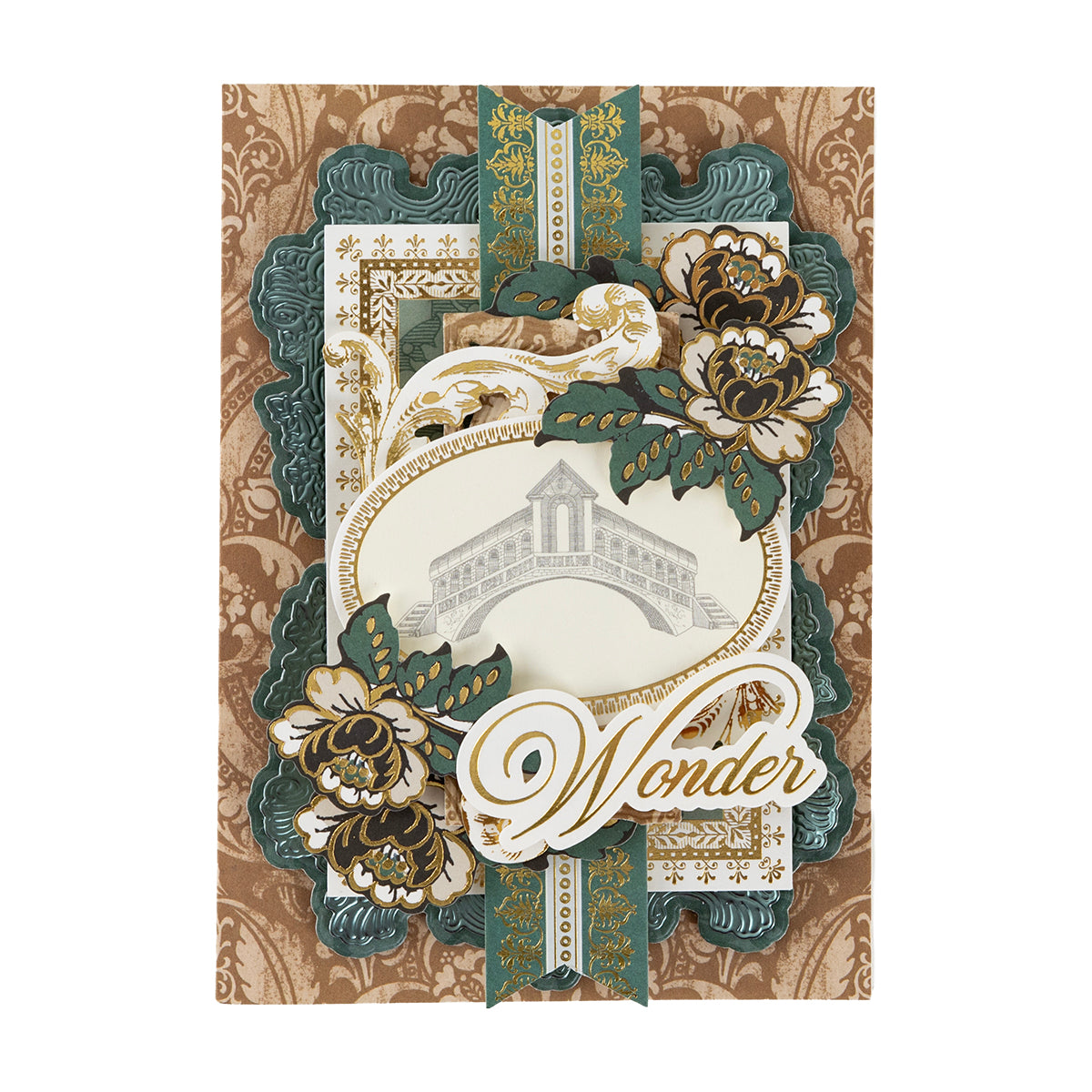 Venetian Ultimate Paper Crafting Collection: Ornate card with layered patterns, floral accents, a central building, “Wonder” gold script, and double-sided brown, cream, gold & teal cardstock.