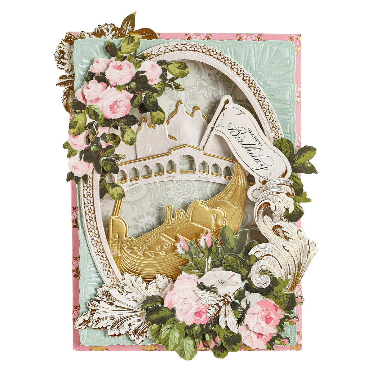 Celebrate in style with this decorative birthday card, featuring a gold gondola, ornate frame, pink and white roses, and a “Birthday” tag on a pastel background. Crafted using the Gondola 3D Scene Dies, this Venice-inspired paper creation brings elegant depth and romantic dimension to any occasion.