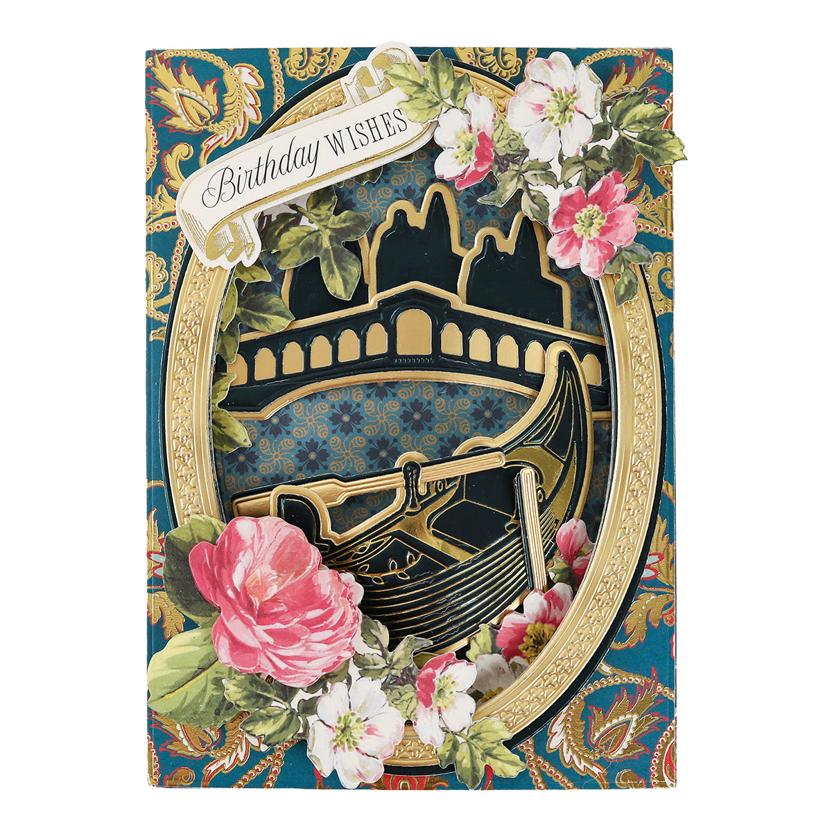Greeting card featuring floral decorations, an ornate oval frame, and a dimensional gondola illustration created with the Gondola 3D Scene Dies, topped with a “Birthday Wishes” banner—a perfect choice for Venice paper crafting enthusiasts.