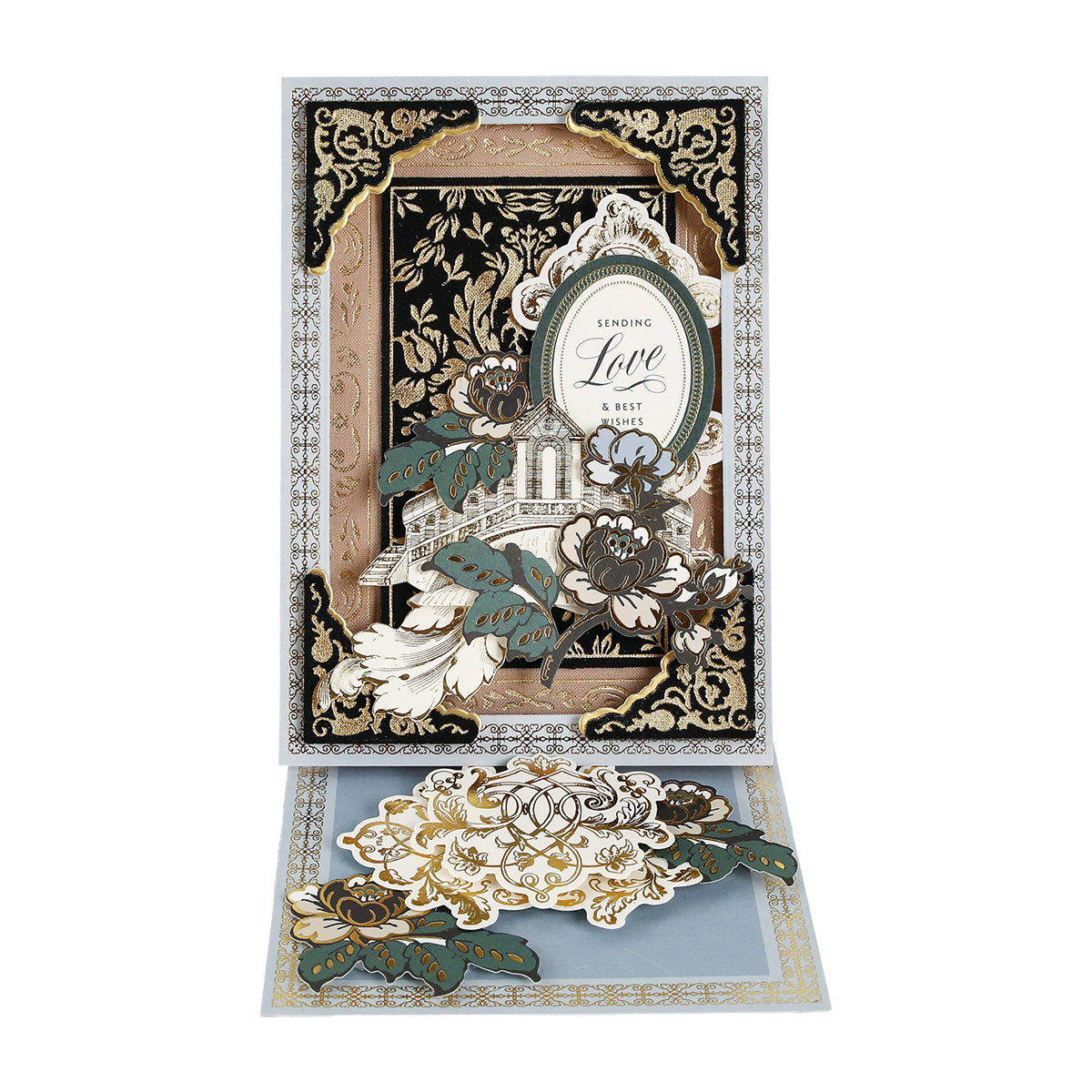 The Venetian Gilded Frame Pattern Foil Plates create an ornate greeting card with floral, butterfly designs, hot foil detail, and layered elements for a luxurious black and gold look.