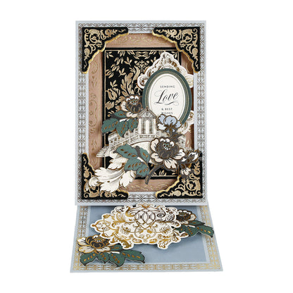The Venetian Gilded Frame Pattern Foil Plates create an ornate greeting card with floral, butterfly designs, hot foil detail, and layered elements for a luxurious black and gold look.