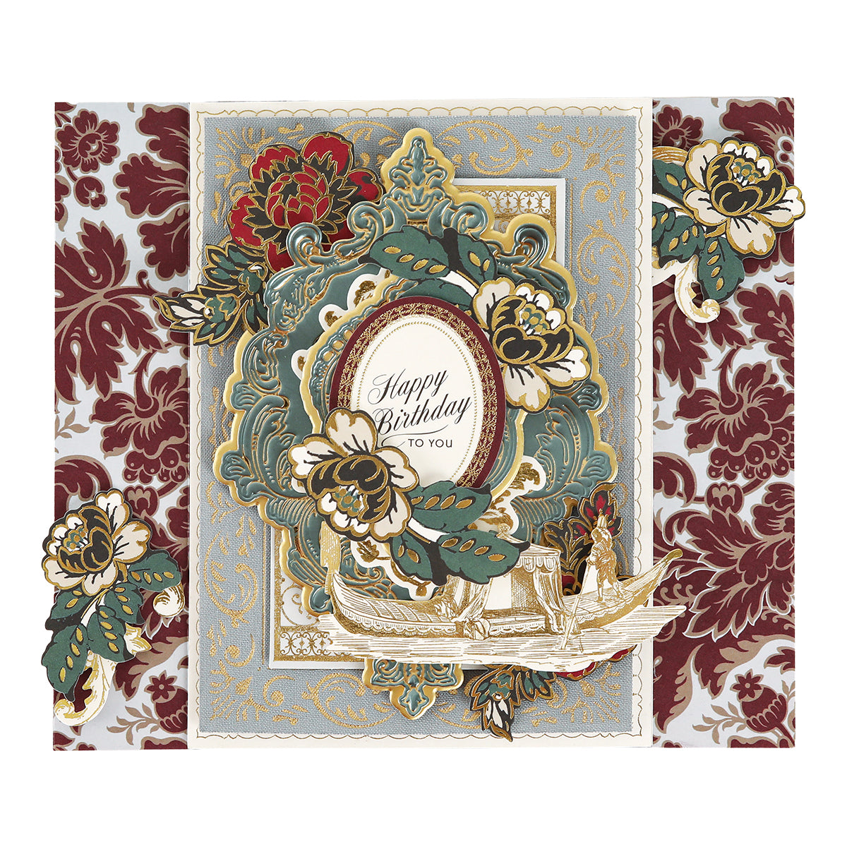 Send birthday wishes with ornate gold accents using the Venetian Gilded Frame Pattern Foil Plates, featuring a gondola and damask-inspired red and gold design.