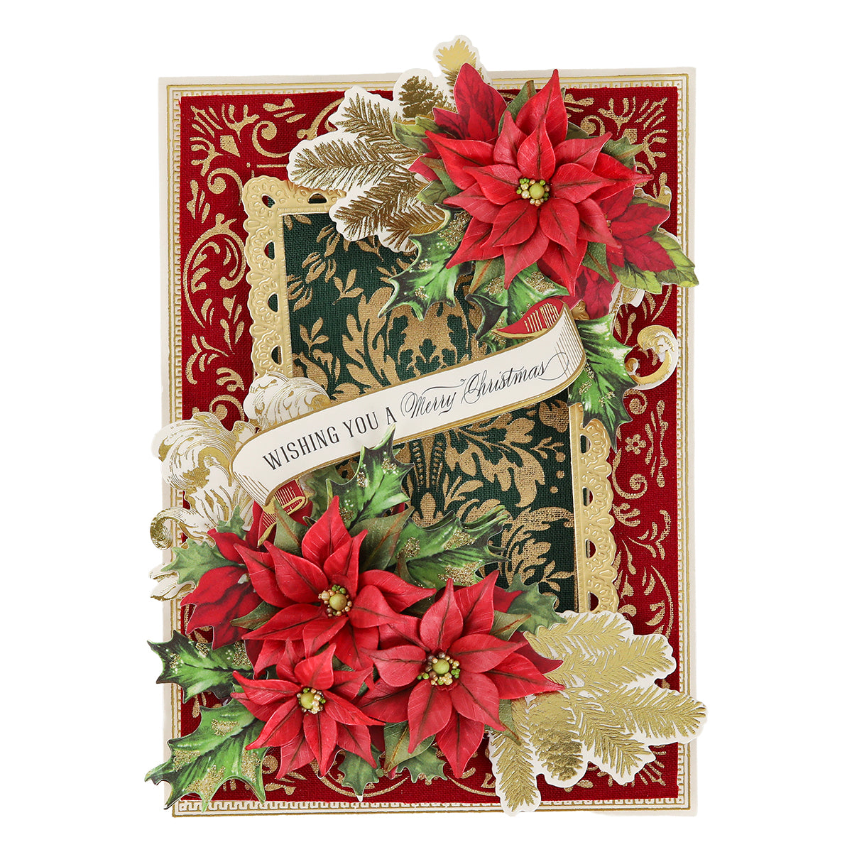 Venetian Gilded Frame Pattern Foil Plates featuring red poinsettias, green and gold leaves, and a damask-inspired design on an elegant red and gold background.