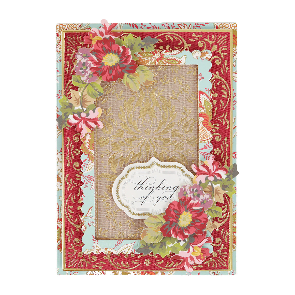 Venetian Gilded Frame Pattern Foil Plates feature a red, gold, and blue floral damask border with hot foil and a “thinking of you” label with red and pink flowers.