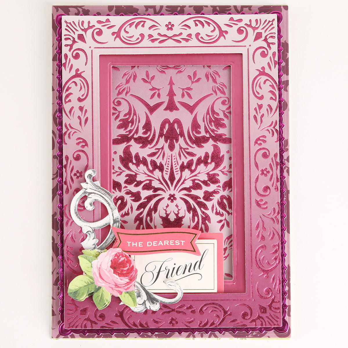 Venetian Gilded Frame Pattern Foil Plates feature an ornate pink and purple damask-inspired pattern with embossed rose and “The Dearest Friend” label on the front.