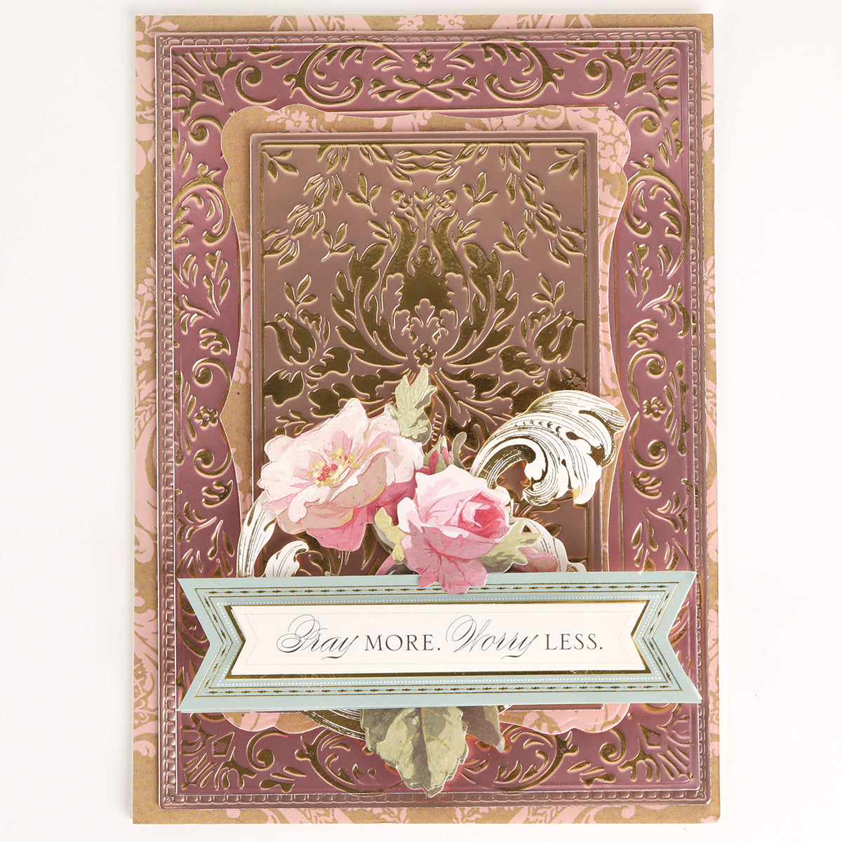 Make any occasion special with Venetian Gilded Frame Pattern Foil Plates featuring ornate gold and pink embossed details, damask pattern, and elegant floral accents.