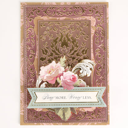 Make any occasion special with Venetian Gilded Frame Pattern Foil Plates featuring ornate gold and pink embossed details, damask pattern, and elegant floral accents.