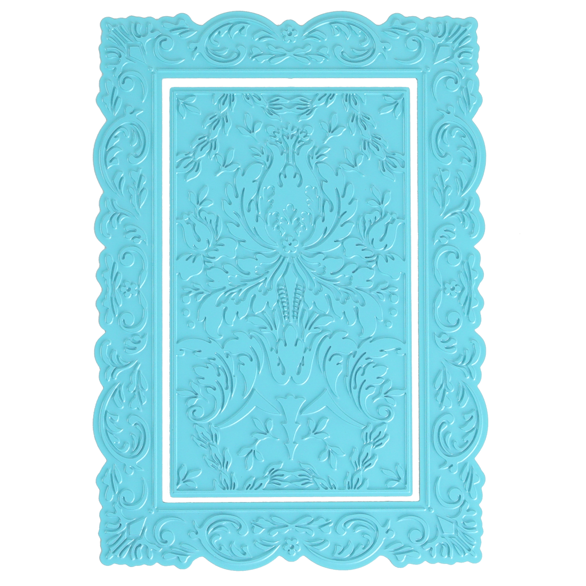 Venetian Gilded Frame Pattern Foil Plates: rectangular, ornate blue plates with embossed floral and damask patterns, shown on a white background.
