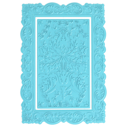 Venetian Gilded Frame Pattern Foil Plates: rectangular, ornate blue plates with embossed floral and damask patterns, shown on a white background.