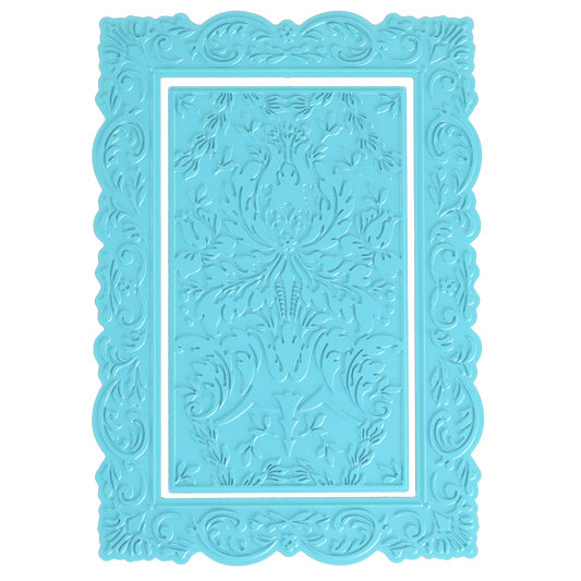 Venetian Gilded Frame Pattern Foil Plates: rectangular, ornate blue plates with embossed floral and damask patterns, shown on a white background.