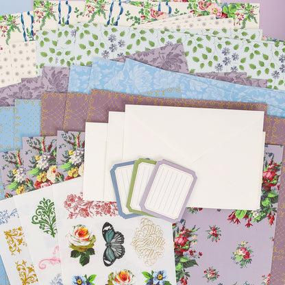 Introduce creativity into your next project or craft class with the Anna Griffin | Create Fall 2026 collection—a beautifully arranged set of decorative floral patterned papers, blank envelopes, label cards, and stickers adorned with elegant flowers and a butterfly. Perfect for sharing inspiration within your creative community.