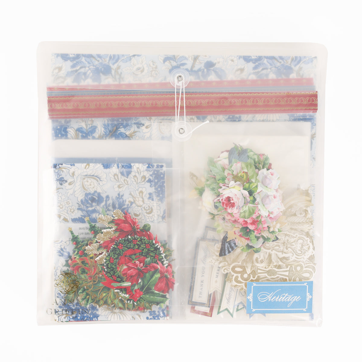 A clear plastic envelope holds blue floral papers, red ribbon, floral cutouts, gold accents, and a blue label reading “Nostalgia”—perfect for heritage crafts or to spark inspiration for your next Anna Griffin | Create Fall 2026 crafting classes.