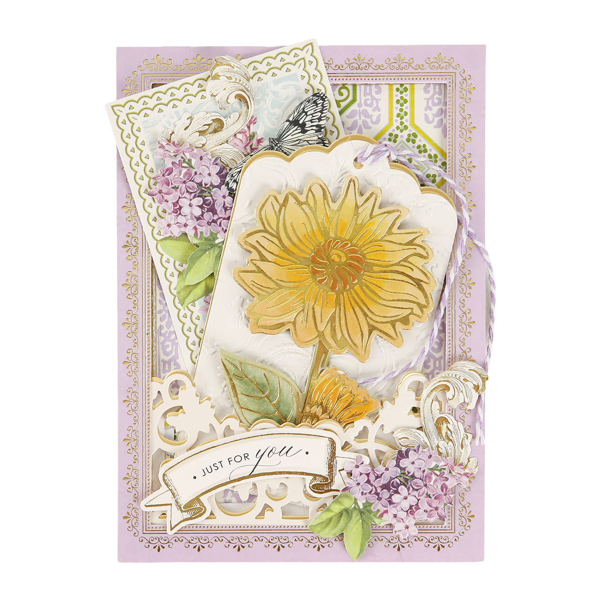 A beautifully crafted greeting card featuring a striking yellow dahlia, vibrant purple lilacs, ornate borders, and a banner that says “Just for you.” Meticulously made with the Dahlia, Mum and Sunflower 3D Floral Dies, this card displays exquisite botanical detail—ideal for paper crafts enthusiasts.
