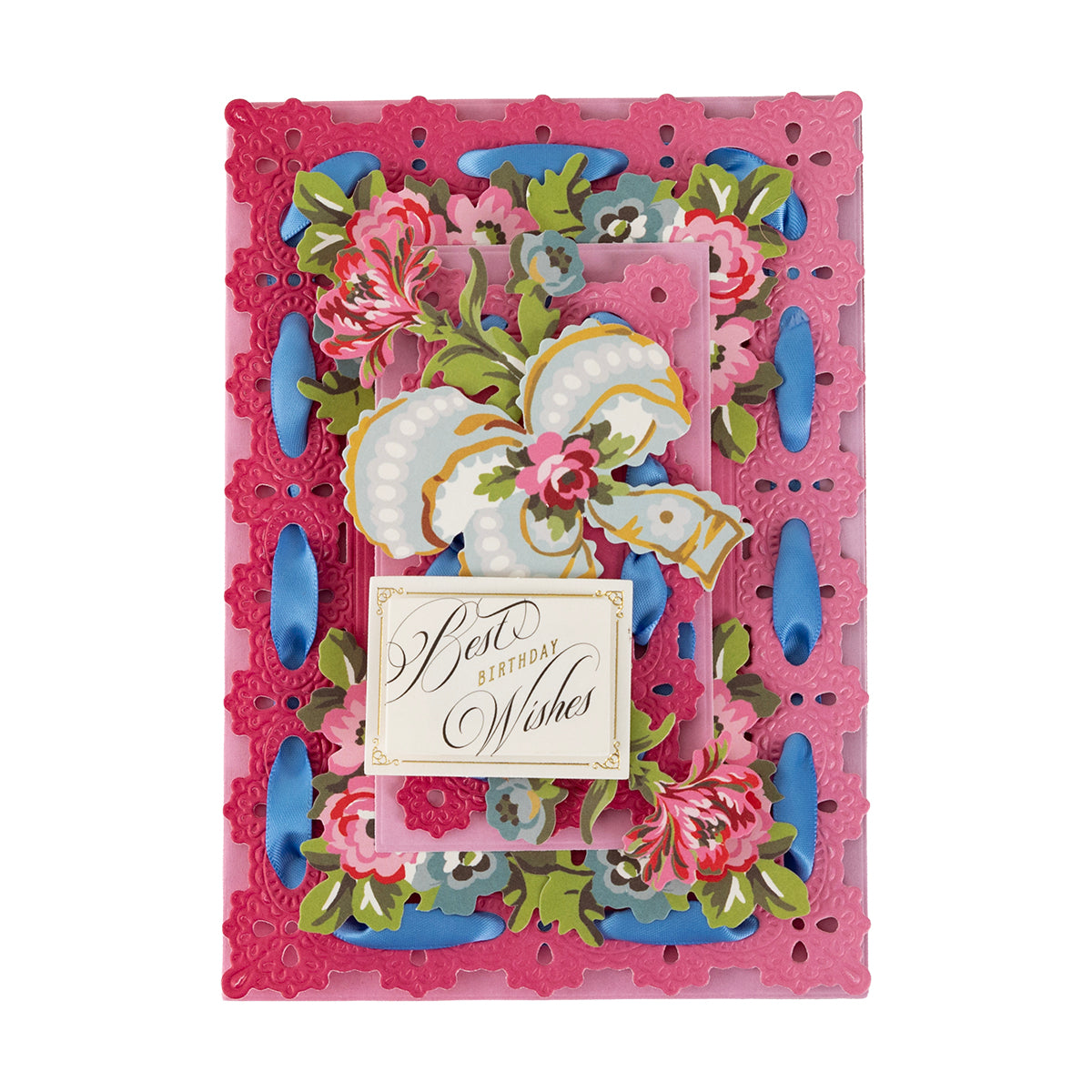 Create a decorative birthday card with layered florals and a bow using Perfect Petal Double Sided 12 x 12 Cardstock for extra dimension in your card making.