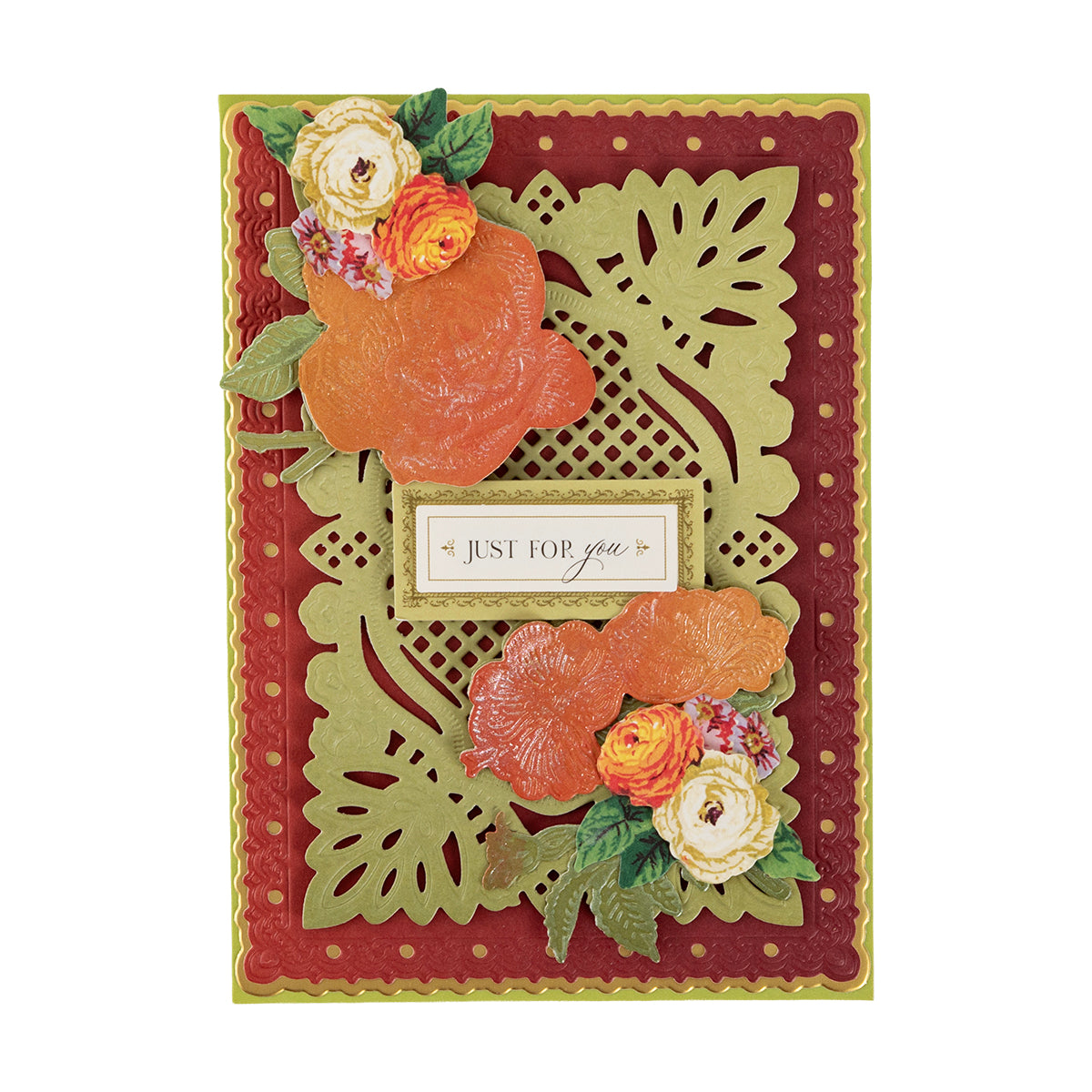 A decorative card made with Perfect Petal Double Sided 12 x 12 Cardstock, featuring orange and yellow flowers, layered cutouts, and a “Just for you” label.