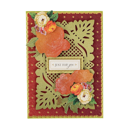 A decorative card made with Perfect Petal Double Sided 12 x 12 Cardstock, featuring orange and yellow flowers, layered cutouts, and a “Just for you” label.