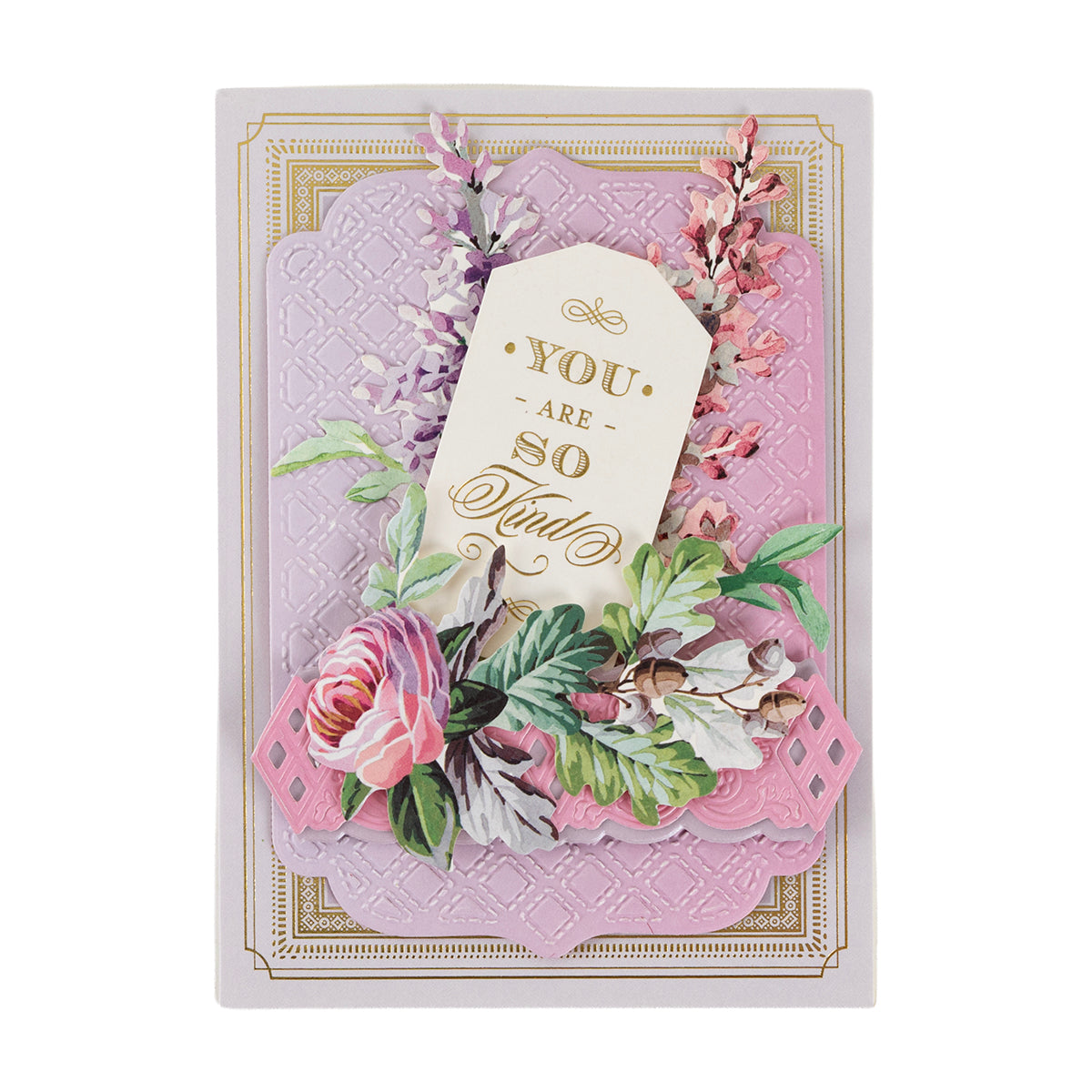 A decorative greeting card made with Perfect Petal Double Sided 12 x 12 Cardstock, featuring pink florals and a “You are so loved” gold-foiled tag.