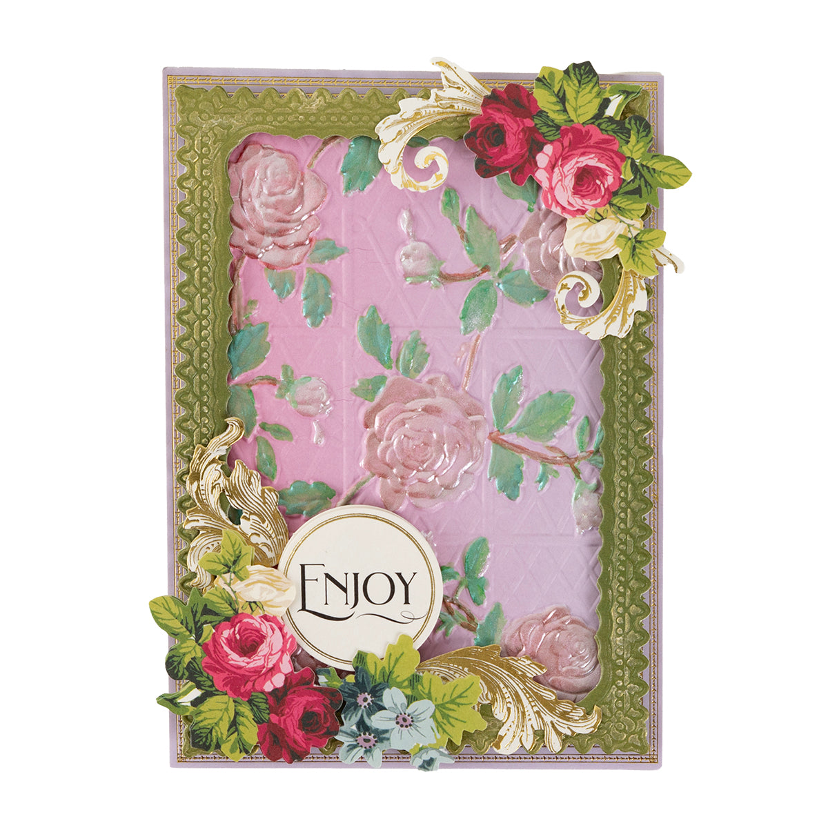 Decorative greeting card crafted with Perfect Petal Double Sided 12 x 12 Cardstock, featuring an ombré embossed pink floral pattern, green ornate border, and rose accents with “ENJOY.”.