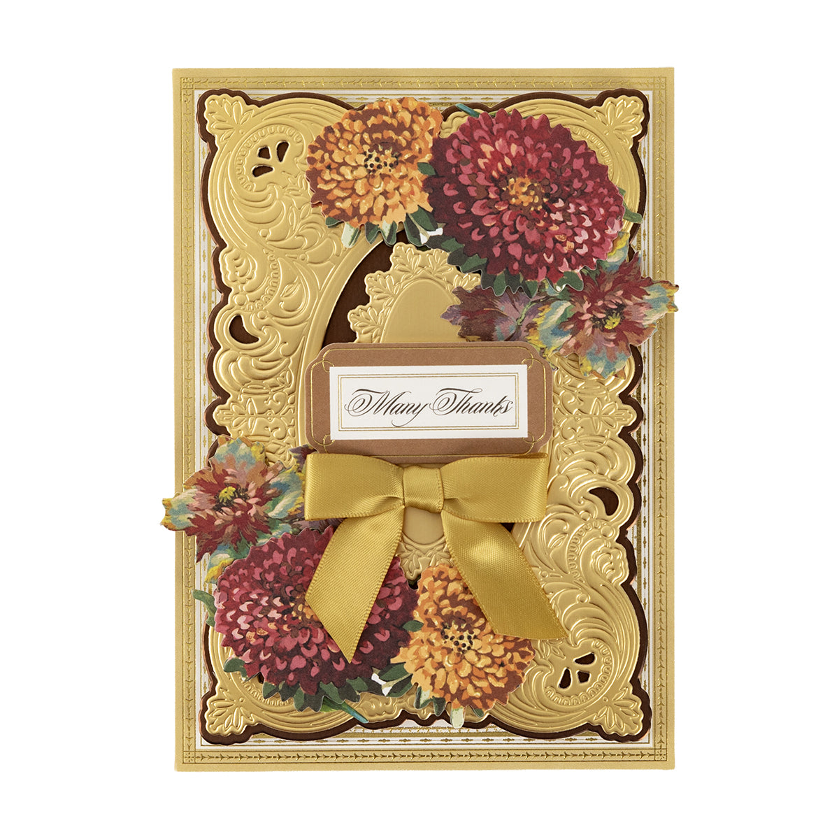 The Fall Flower Embellishments card features gold embossing, red and orange flowers, 3D accents, a gold ribbon bow, and a “Many Thanks” label in cursive.