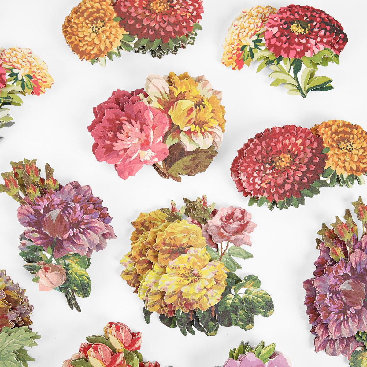 Fall Flower Embellishments arranged on a white background feature assorted colorful flowers in red, pink, yellow, and purple hues.