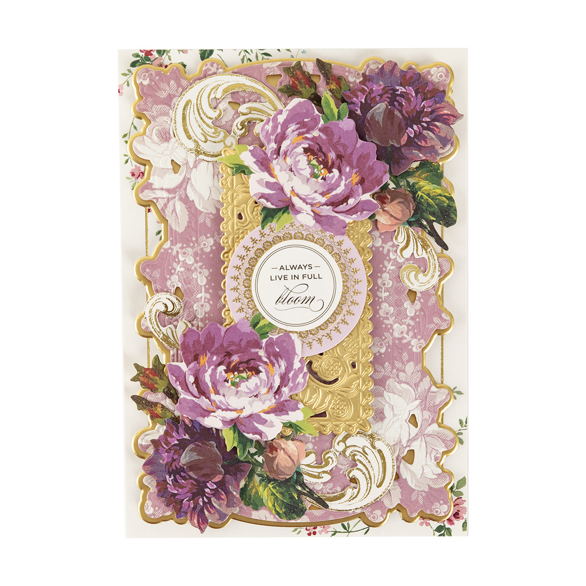 Fall Flower Embellishments greeting card features ornate gold trim, 3D purple and white florals, and the message “Always live in full bloom” at the center.