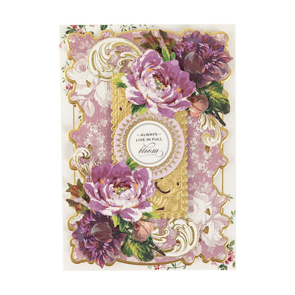 Fall Flower Embellishments greeting card features ornate gold trim, 3D purple and white florals, and the message “Always live in full bloom” at the center.