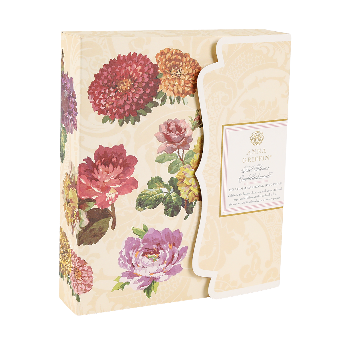 A cream box of Fall Flower Embellishments with gold foil, colorful flowers, and floral accents in a scalloped-edge design.